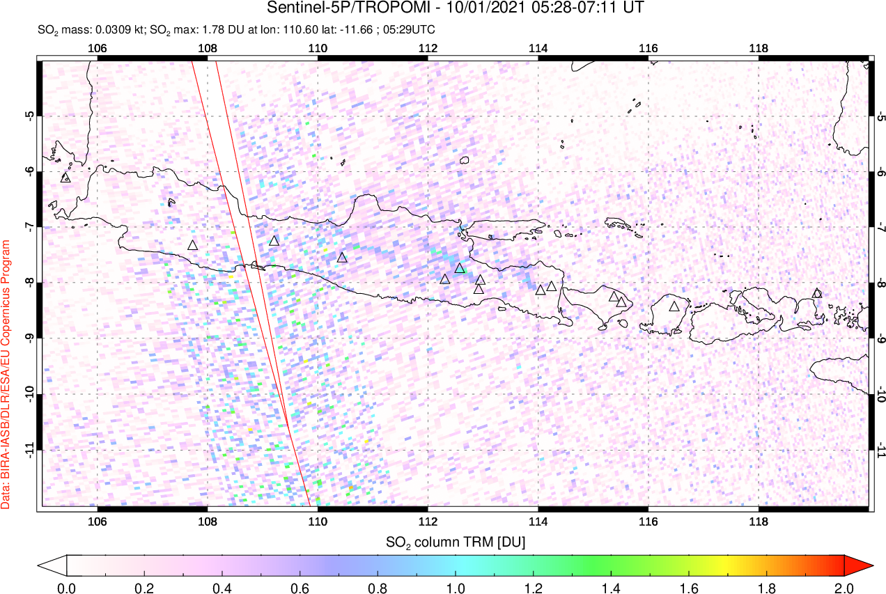 A sulfur dioxide image over Java, Indonesia on Oct 01, 2021.
