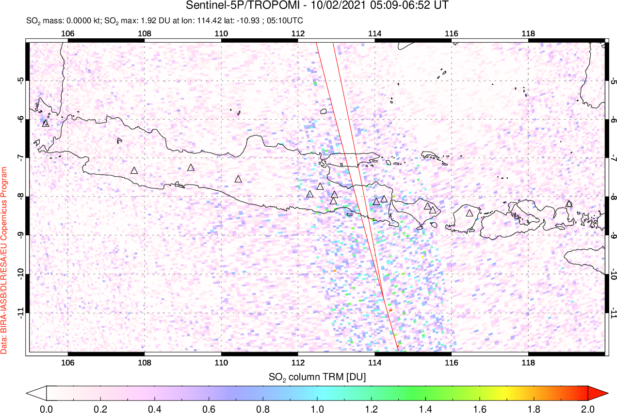 A sulfur dioxide image over Java, Indonesia on Oct 02, 2021.