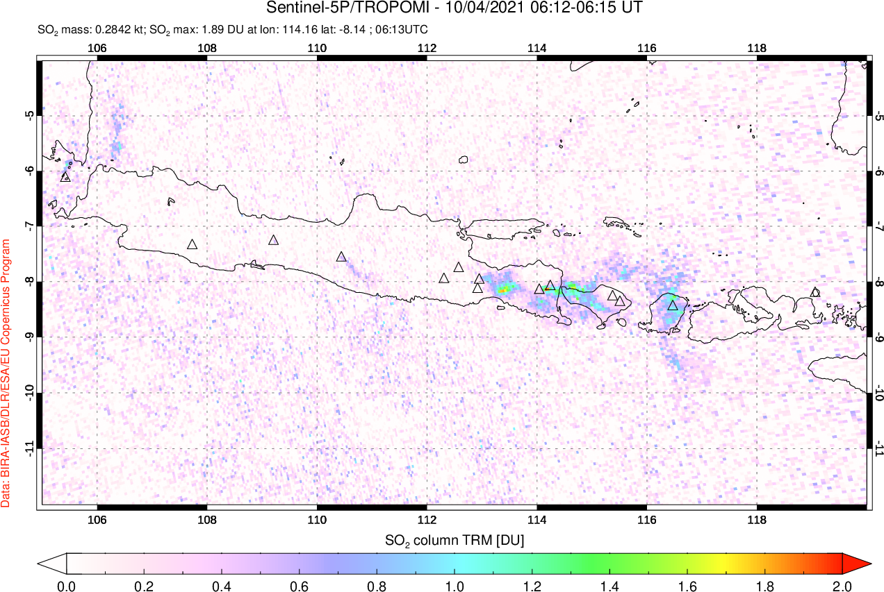 A sulfur dioxide image over Java, Indonesia on Oct 04, 2021.