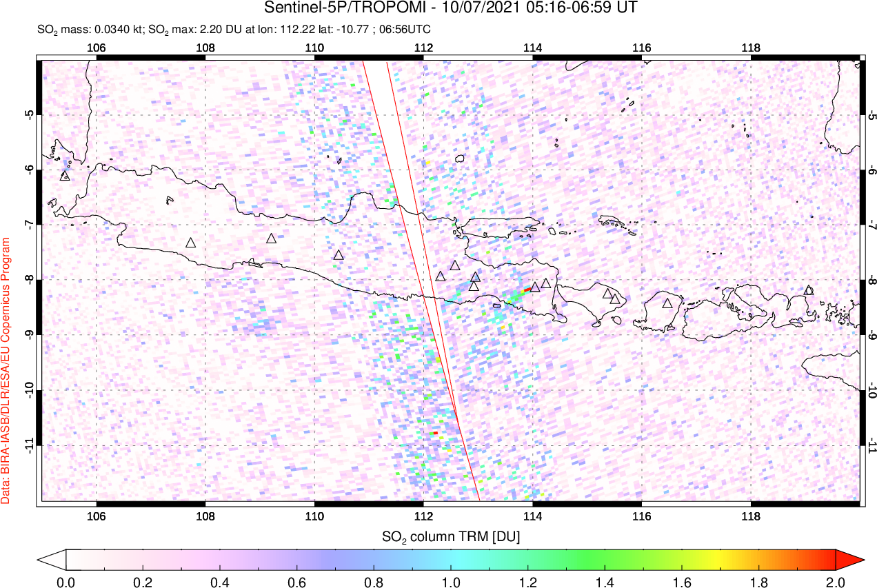 A sulfur dioxide image over Java, Indonesia on Oct 07, 2021.