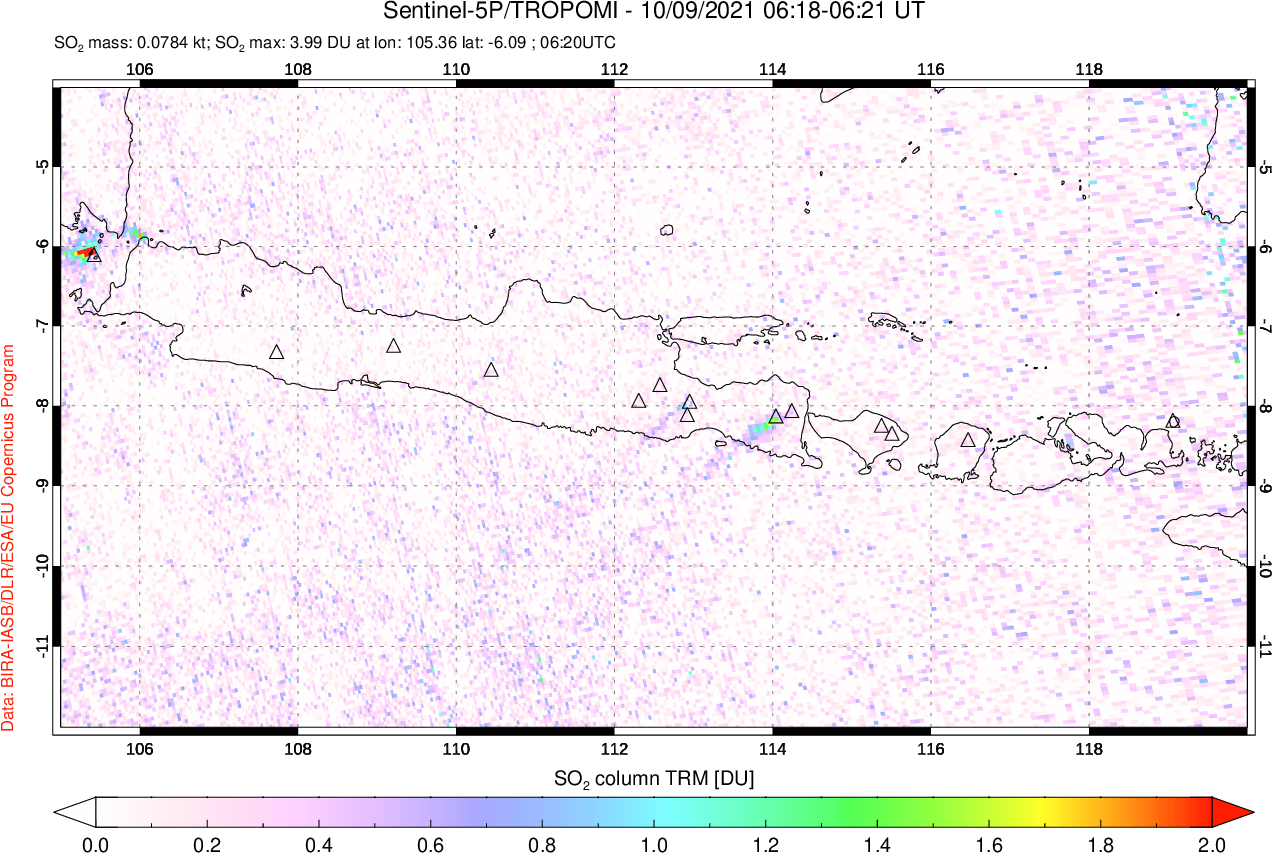 A sulfur dioxide image over Java, Indonesia on Oct 09, 2021.
