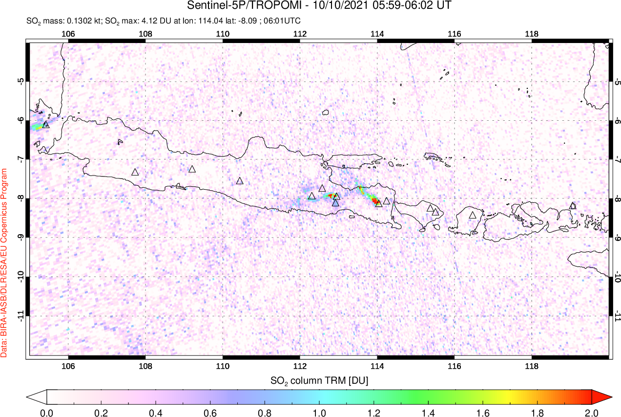 A sulfur dioxide image over Java, Indonesia on Oct 10, 2021.