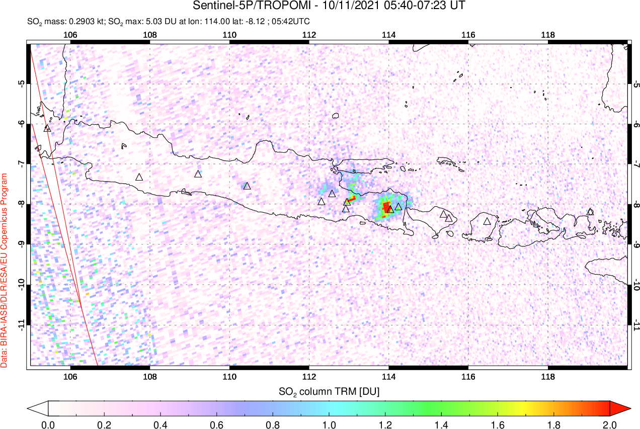 A sulfur dioxide image over Java, Indonesia on Oct 11, 2021.