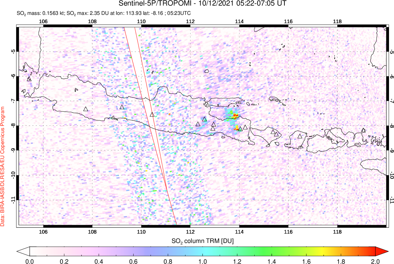 A sulfur dioxide image over Java, Indonesia on Oct 12, 2021.