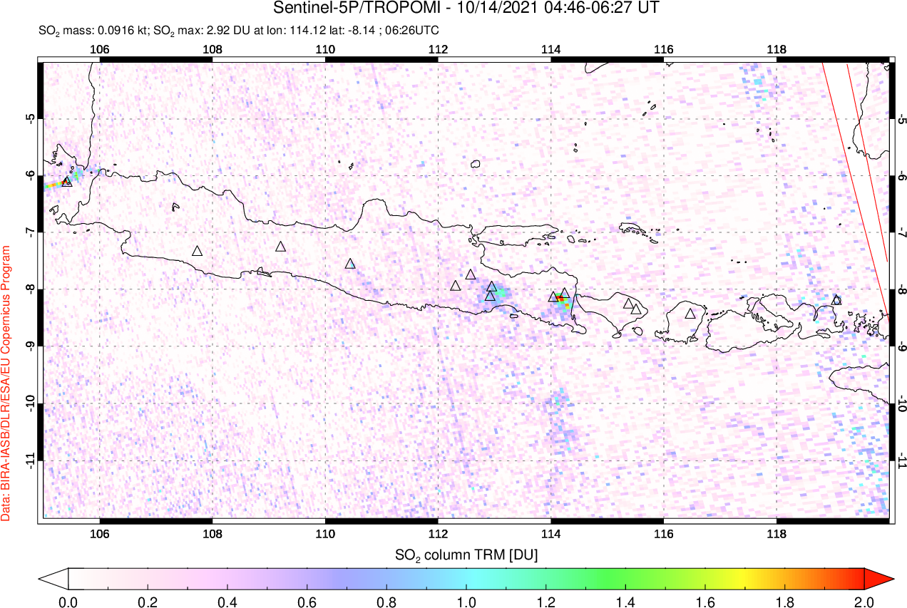 A sulfur dioxide image over Java, Indonesia on Oct 14, 2021.