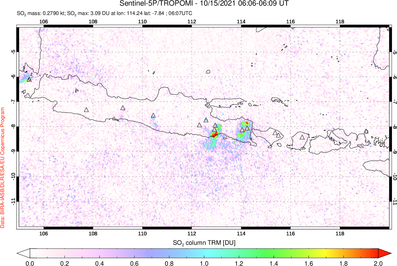 A sulfur dioxide image over Java, Indonesia on Oct 15, 2021.