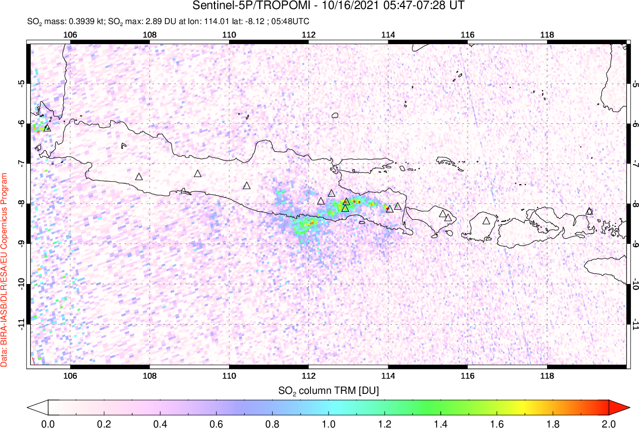 A sulfur dioxide image over Java, Indonesia on Oct 16, 2021.