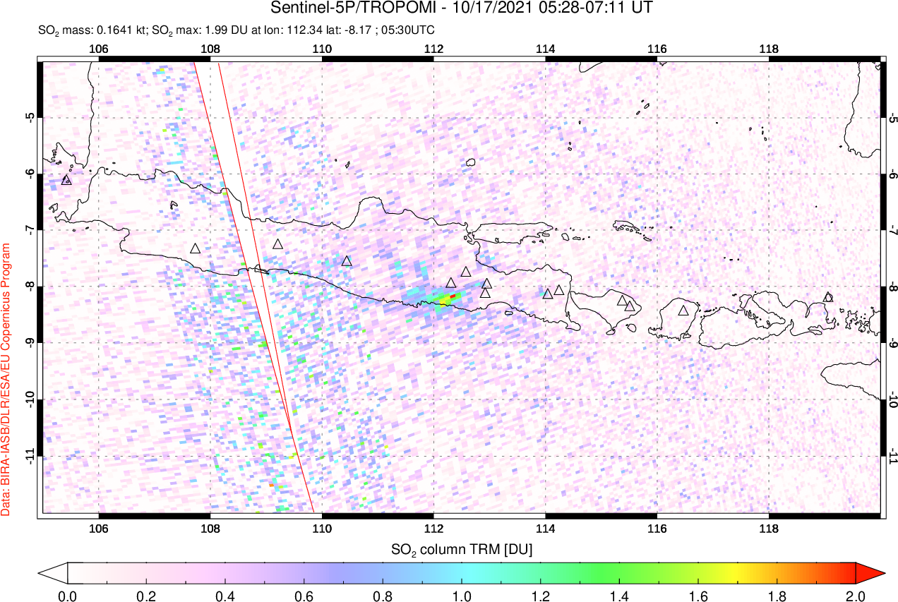 A sulfur dioxide image over Java, Indonesia on Oct 17, 2021.