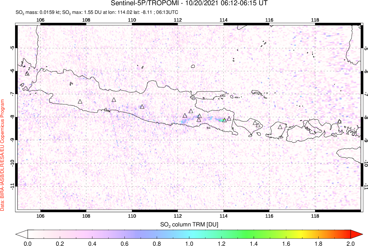 A sulfur dioxide image over Java, Indonesia on Oct 20, 2021.