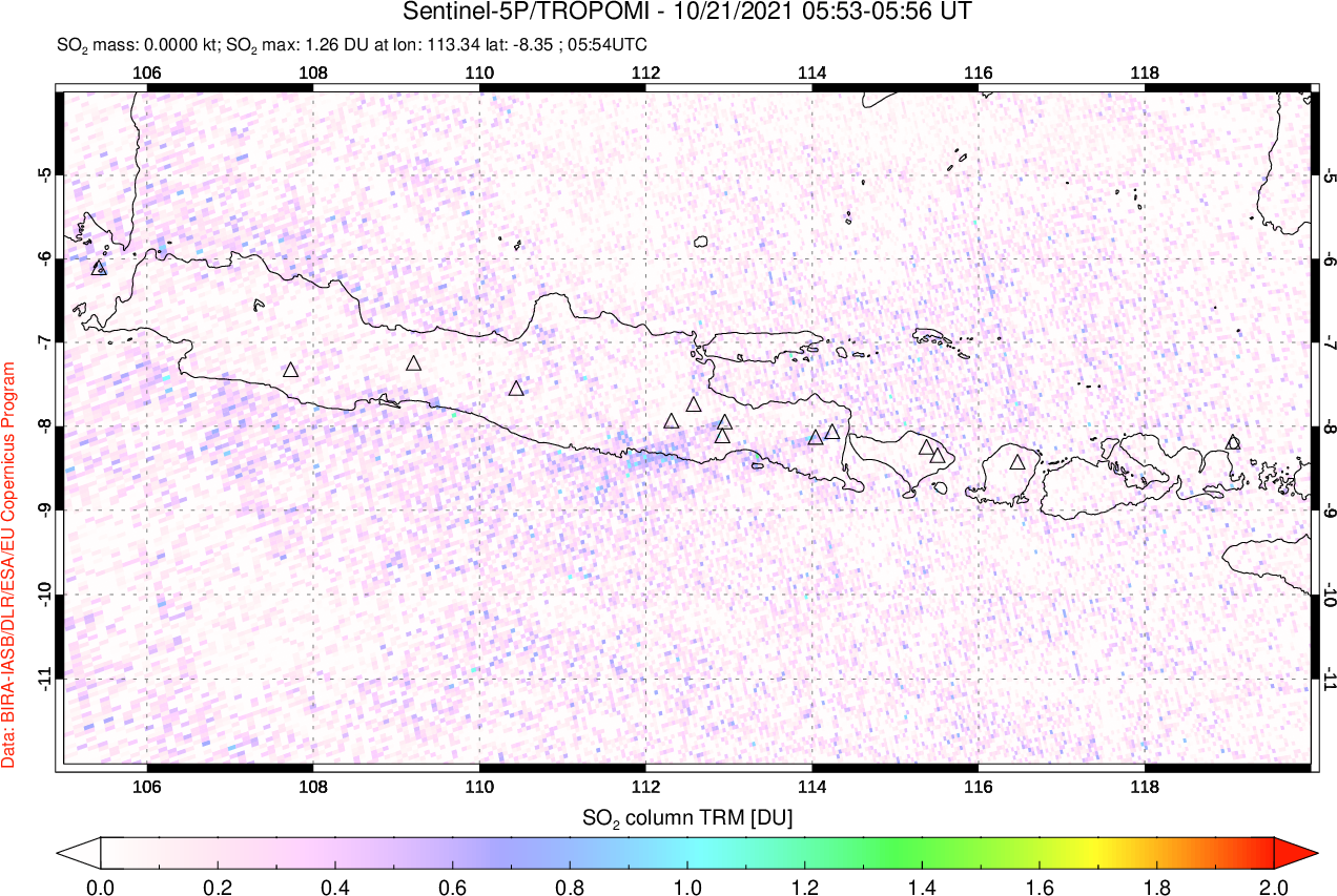 A sulfur dioxide image over Java, Indonesia on Oct 21, 2021.