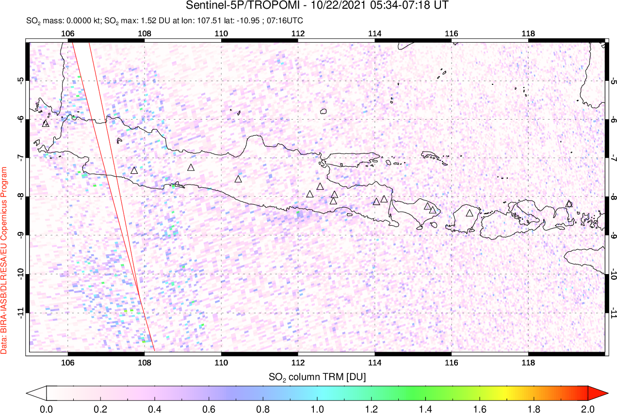 A sulfur dioxide image over Java, Indonesia on Oct 22, 2021.
