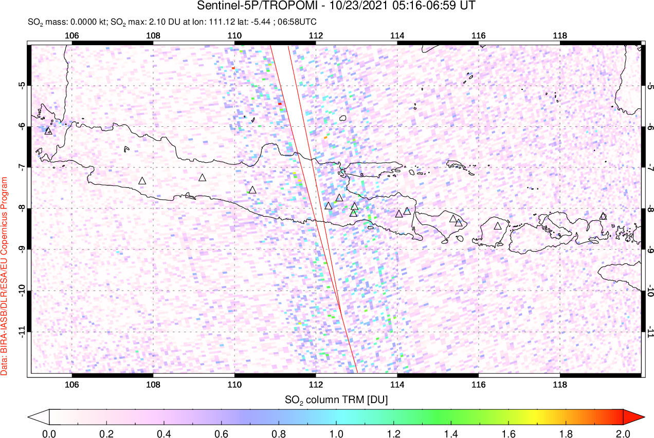 A sulfur dioxide image over Java, Indonesia on Oct 23, 2021.