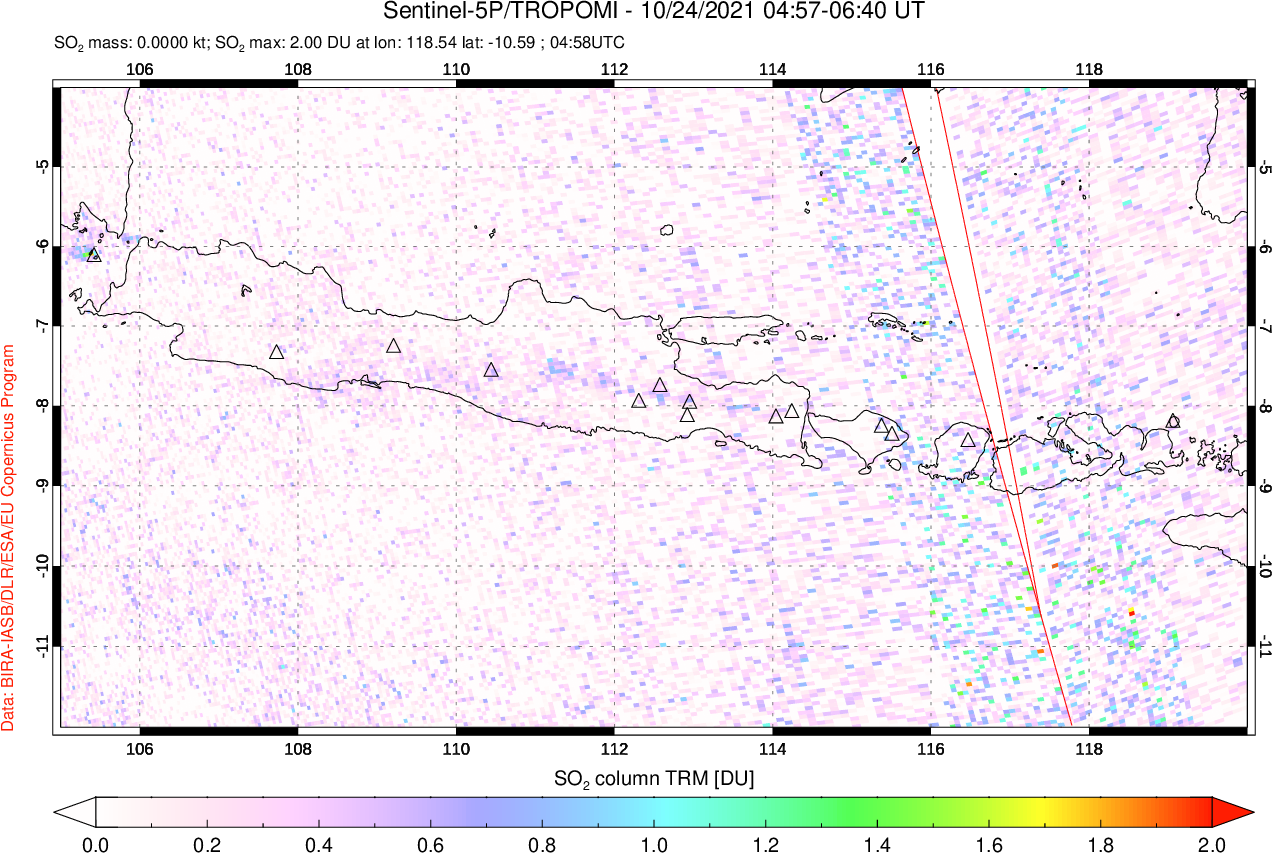 A sulfur dioxide image over Java, Indonesia on Oct 24, 2021.