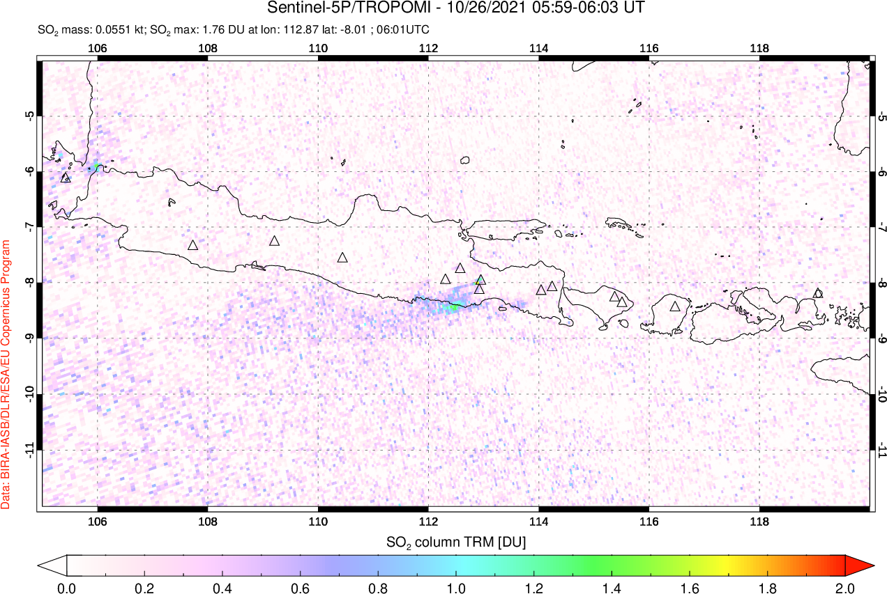 A sulfur dioxide image over Java, Indonesia on Oct 26, 2021.