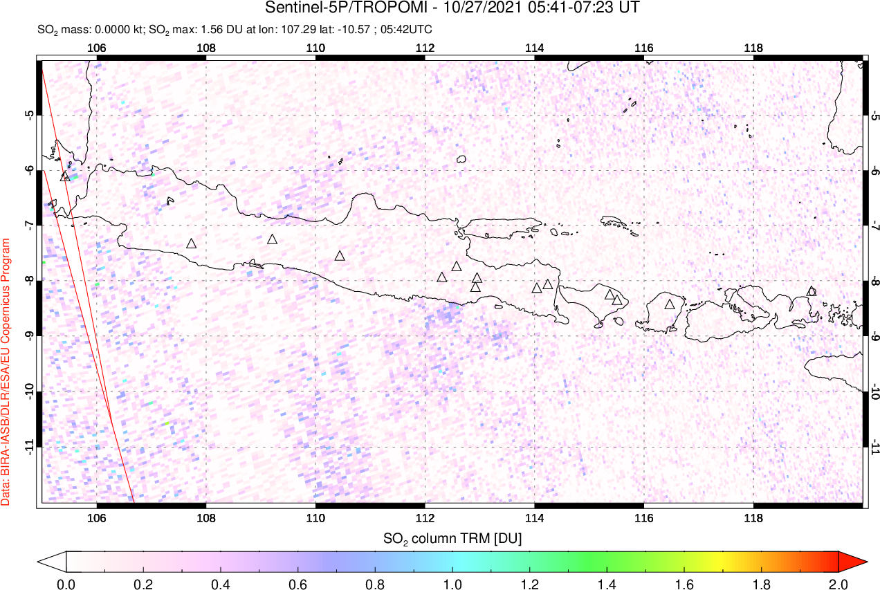A sulfur dioxide image over Java, Indonesia on Oct 27, 2021.