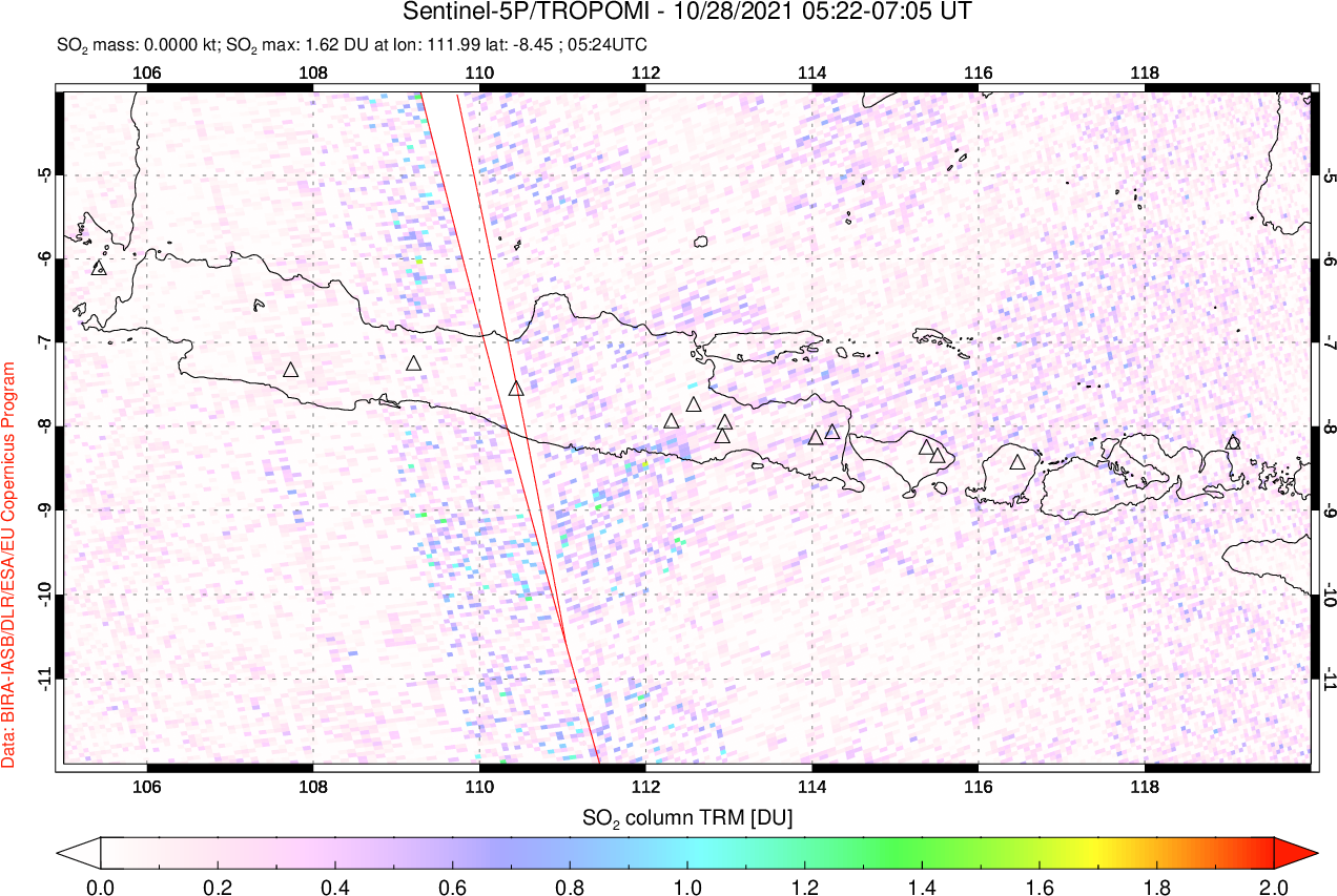 A sulfur dioxide image over Java, Indonesia on Oct 28, 2021.