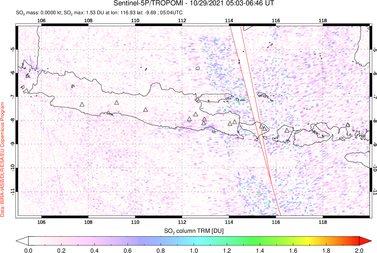 A sulfur dioxide image over Java, Indonesia on Oct 29, 2021.