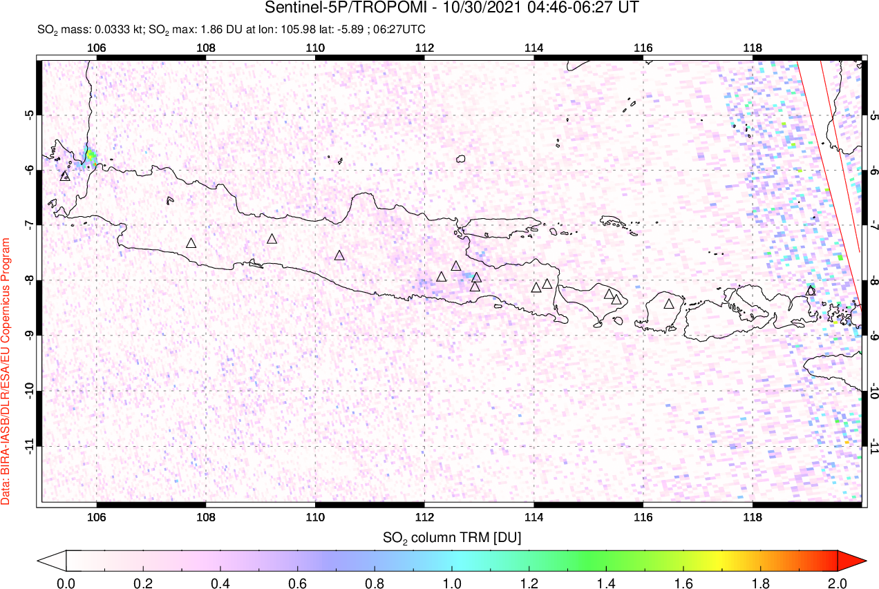 A sulfur dioxide image over Java, Indonesia on Oct 30, 2021.