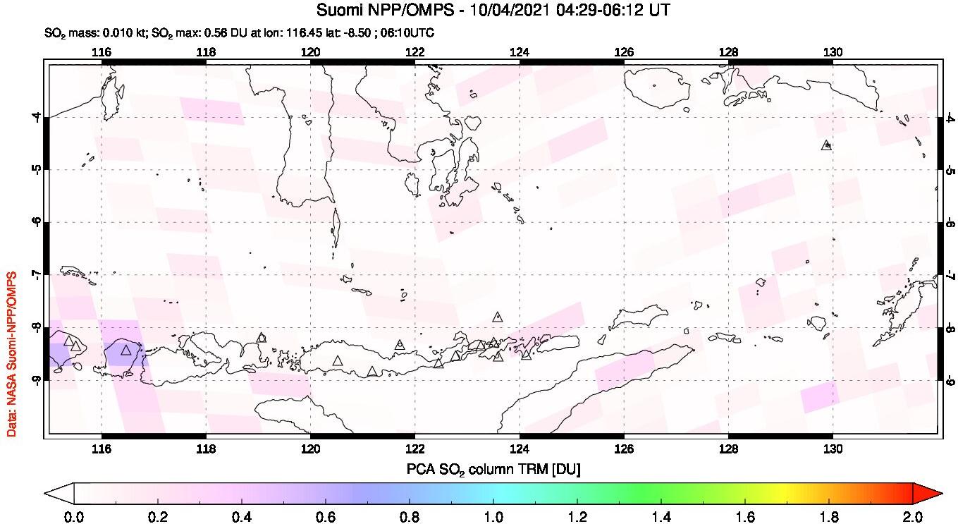 A sulfur dioxide image over Lesser Sunda Islands, Indonesia on Oct 04, 2021.