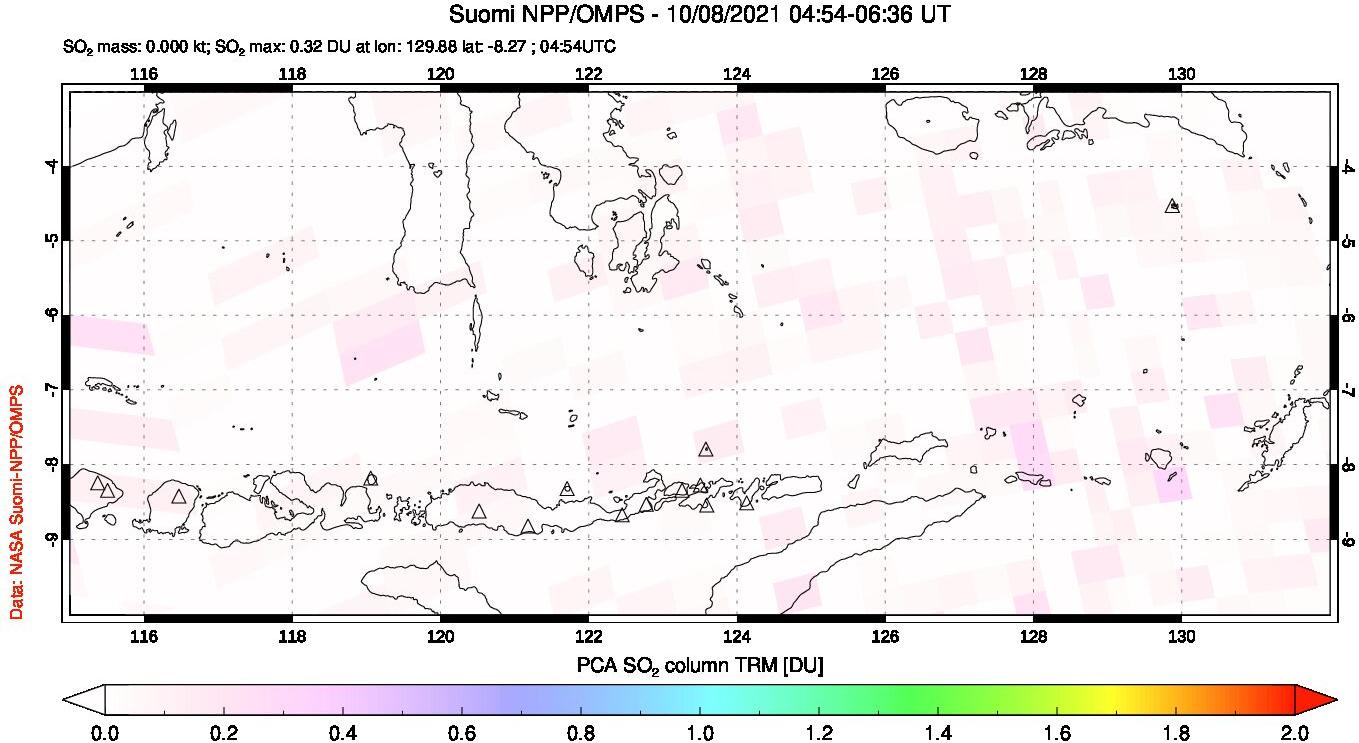 A sulfur dioxide image over Lesser Sunda Islands, Indonesia on Oct 08, 2021.