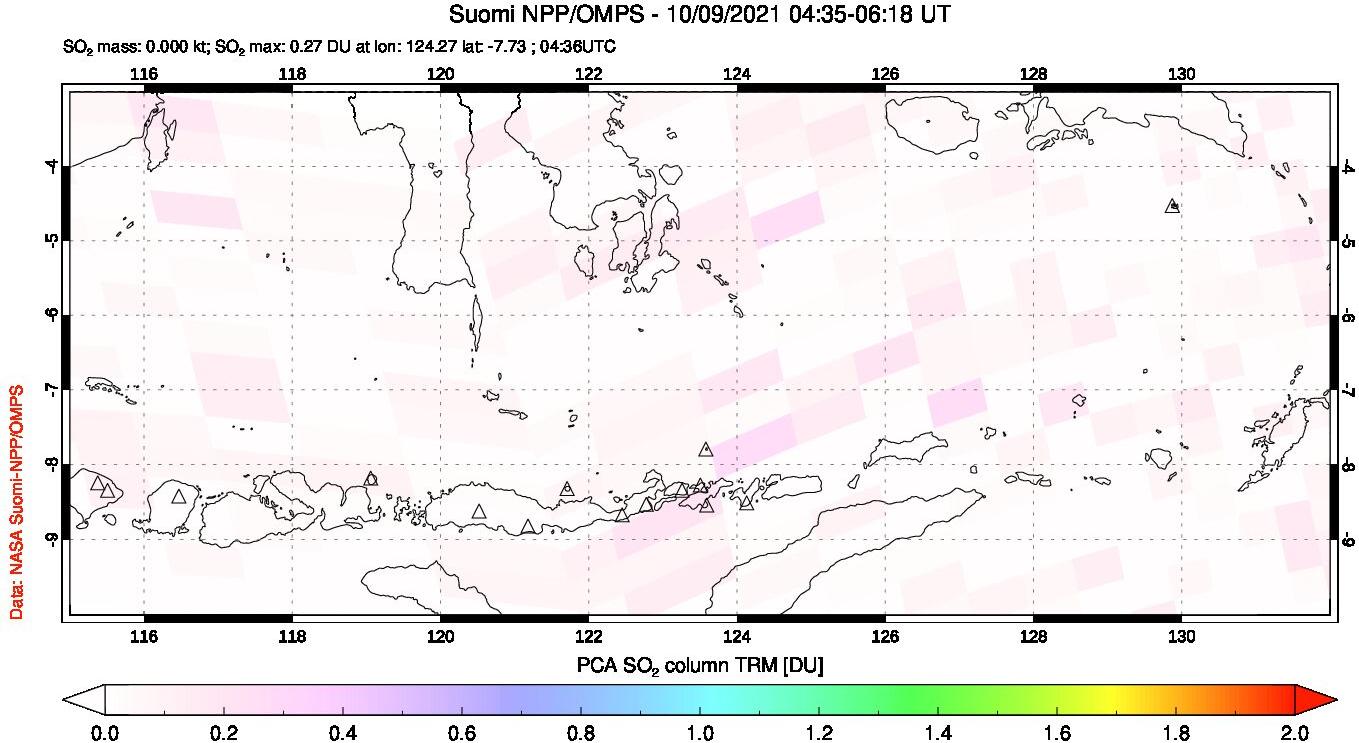 A sulfur dioxide image over Lesser Sunda Islands, Indonesia on Oct 09, 2021.