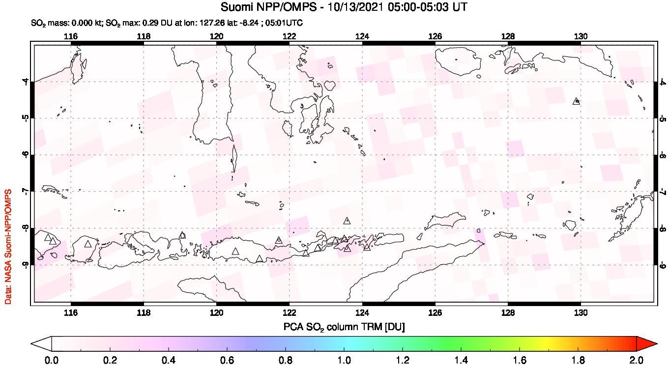 A sulfur dioxide image over Lesser Sunda Islands, Indonesia on Oct 13, 2021.
