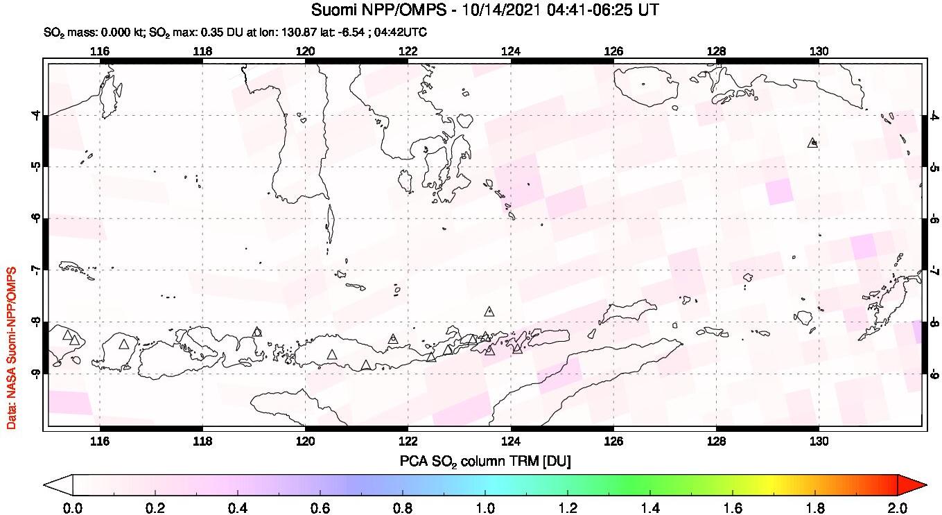 A sulfur dioxide image over Lesser Sunda Islands, Indonesia on Oct 14, 2021.