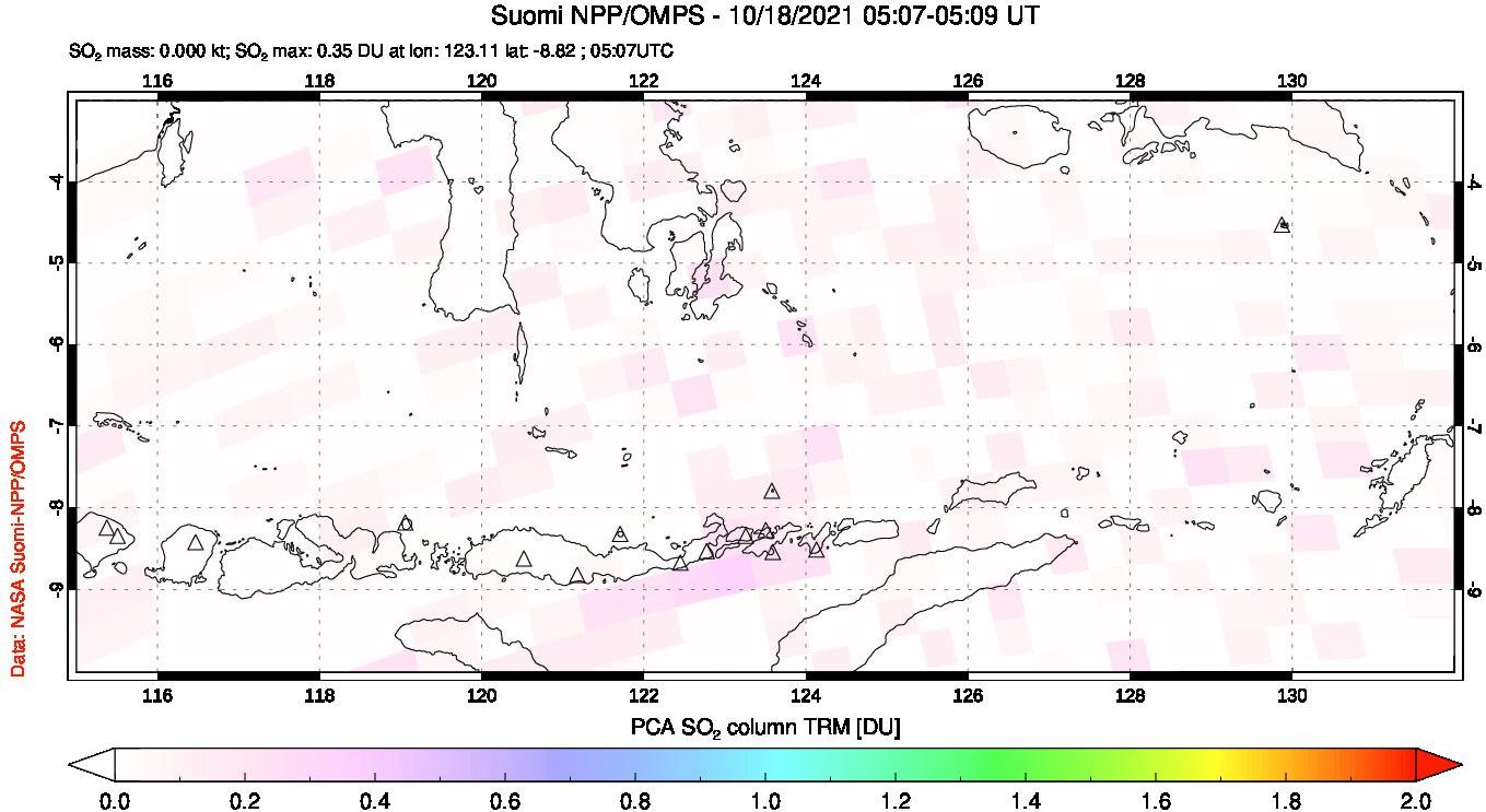 A sulfur dioxide image over Lesser Sunda Islands, Indonesia on Oct 18, 2021.