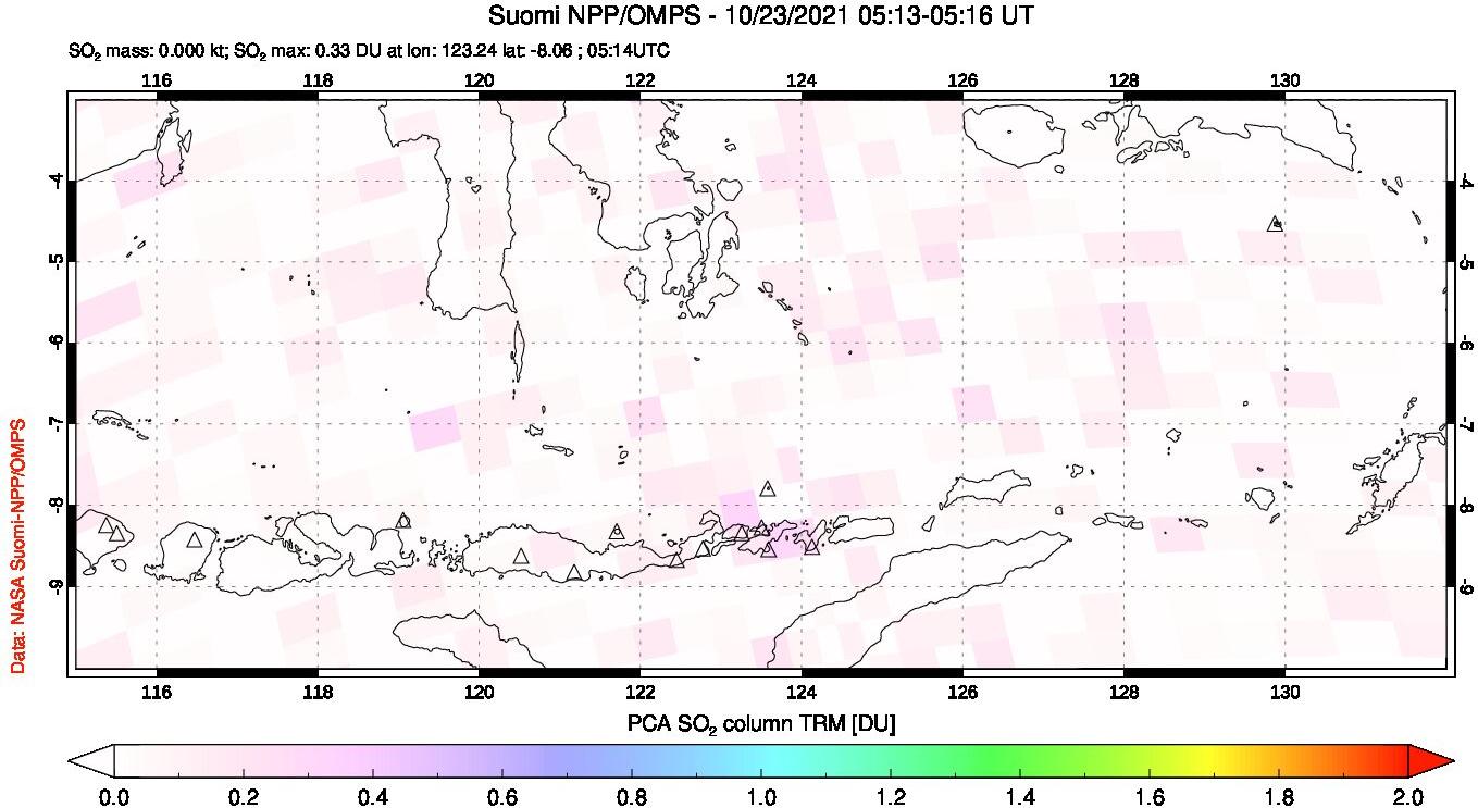A sulfur dioxide image over Lesser Sunda Islands, Indonesia on Oct 23, 2021.