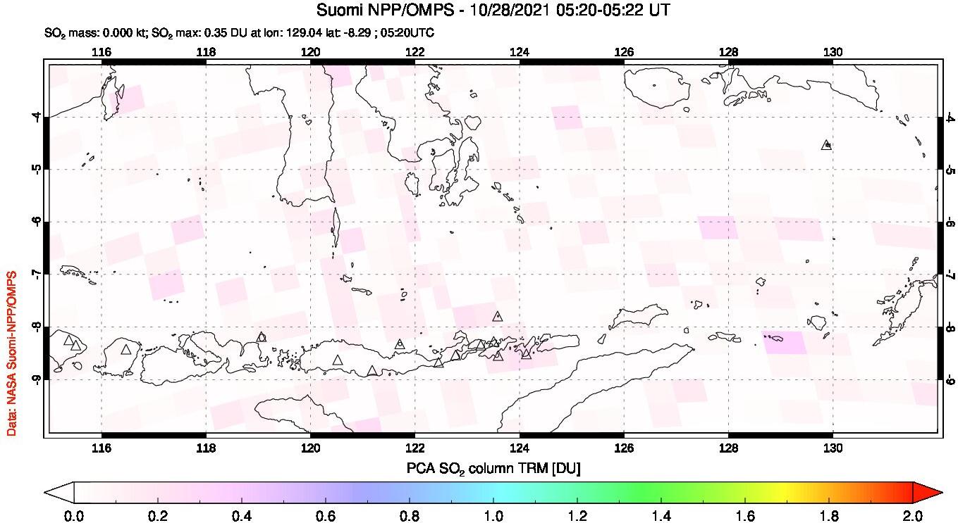 A sulfur dioxide image over Lesser Sunda Islands, Indonesia on Oct 28, 2021.