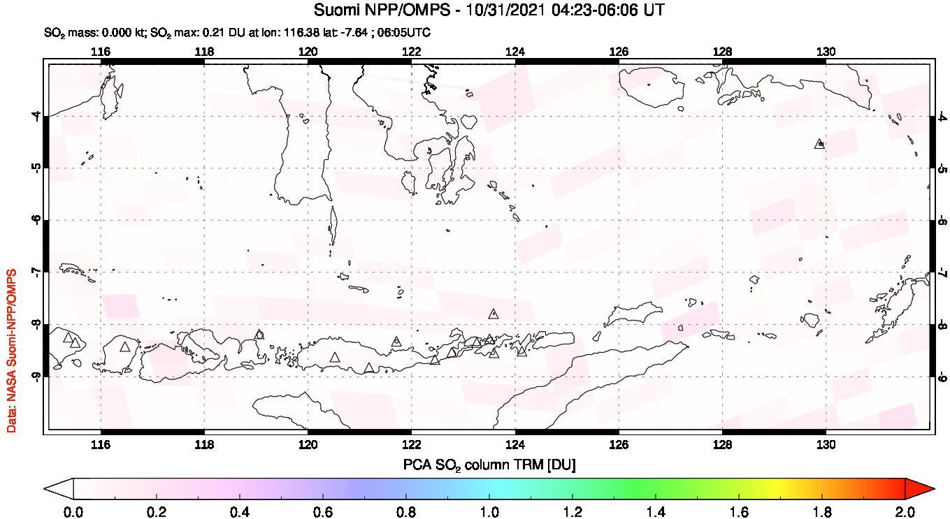 A sulfur dioxide image over Lesser Sunda Islands, Indonesia on Oct 31, 2021.
