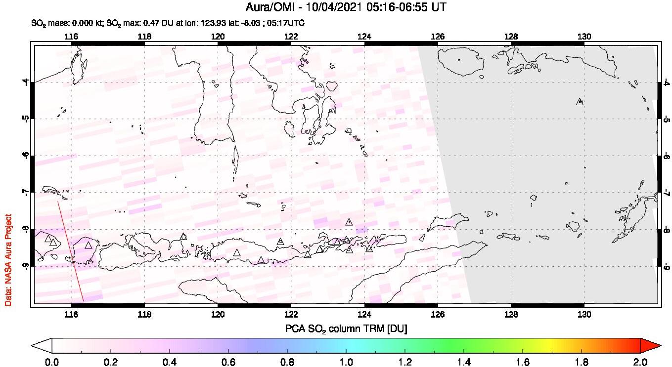 A sulfur dioxide image over Lesser Sunda Islands, Indonesia on Oct 04, 2021.