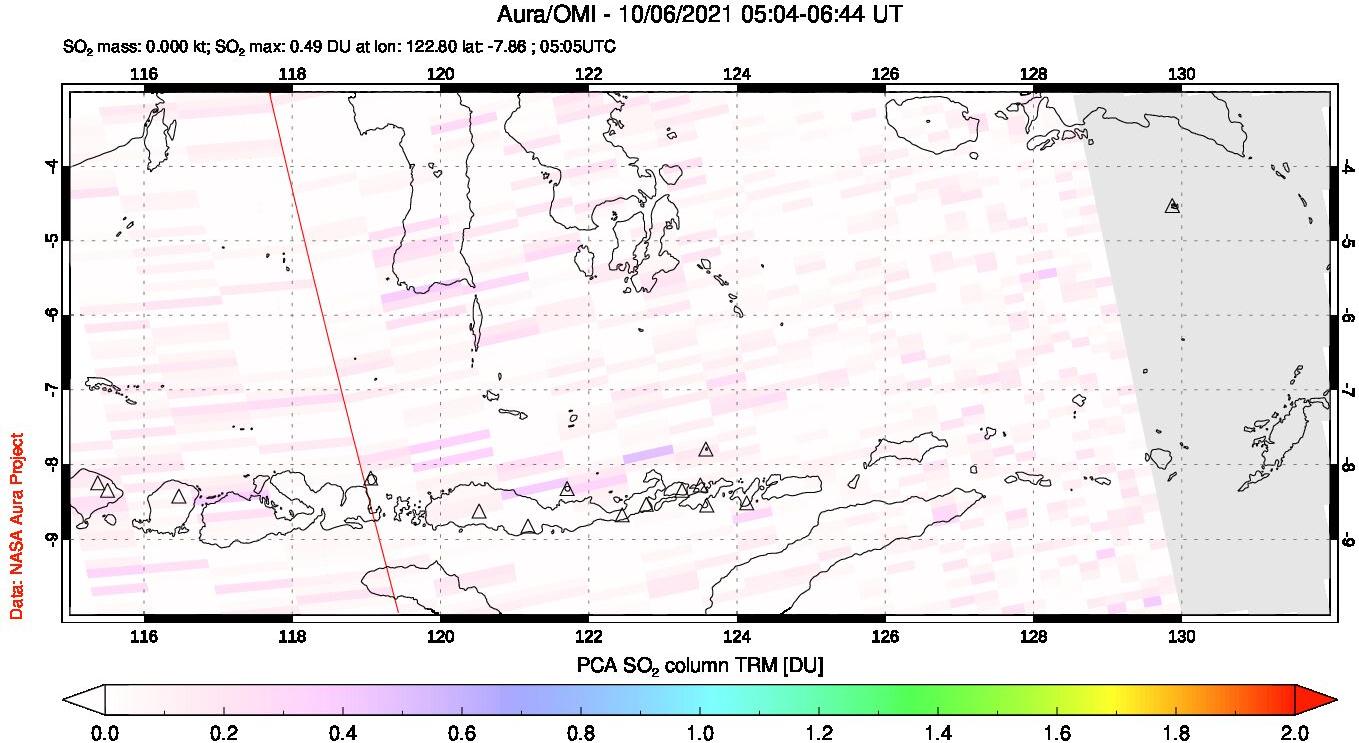 A sulfur dioxide image over Lesser Sunda Islands, Indonesia on Oct 06, 2021.