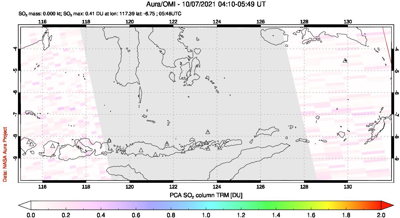 A sulfur dioxide image over Lesser Sunda Islands, Indonesia on Oct 07, 2021.
