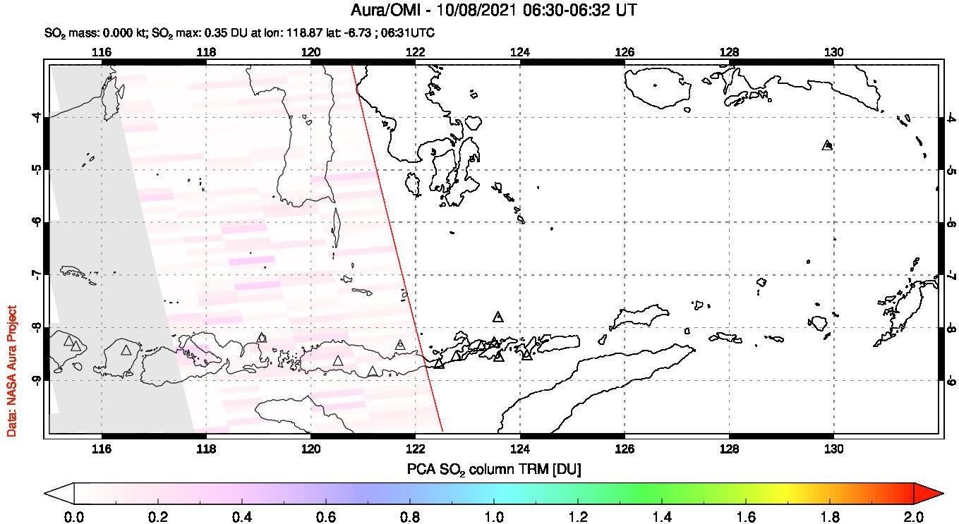 A sulfur dioxide image over Lesser Sunda Islands, Indonesia on Oct 08, 2021.