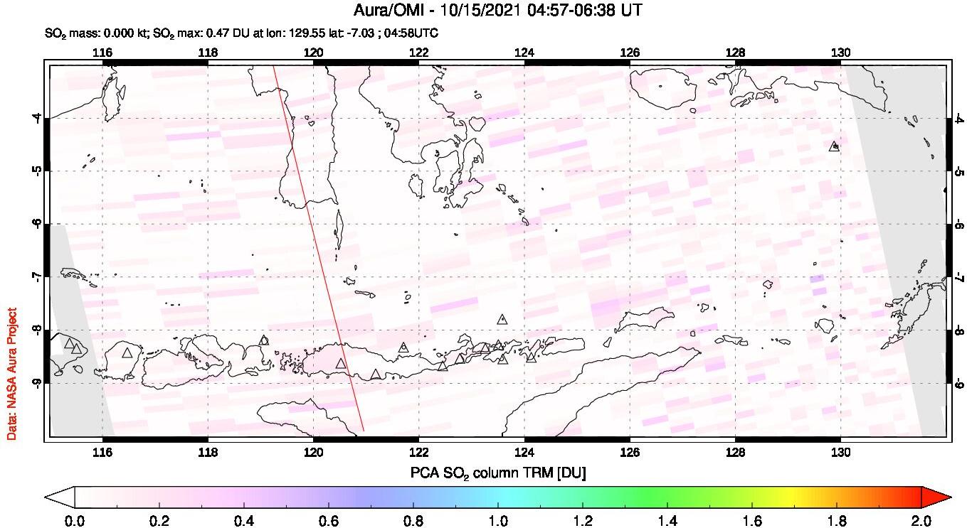 A sulfur dioxide image over Lesser Sunda Islands, Indonesia on Oct 15, 2021.