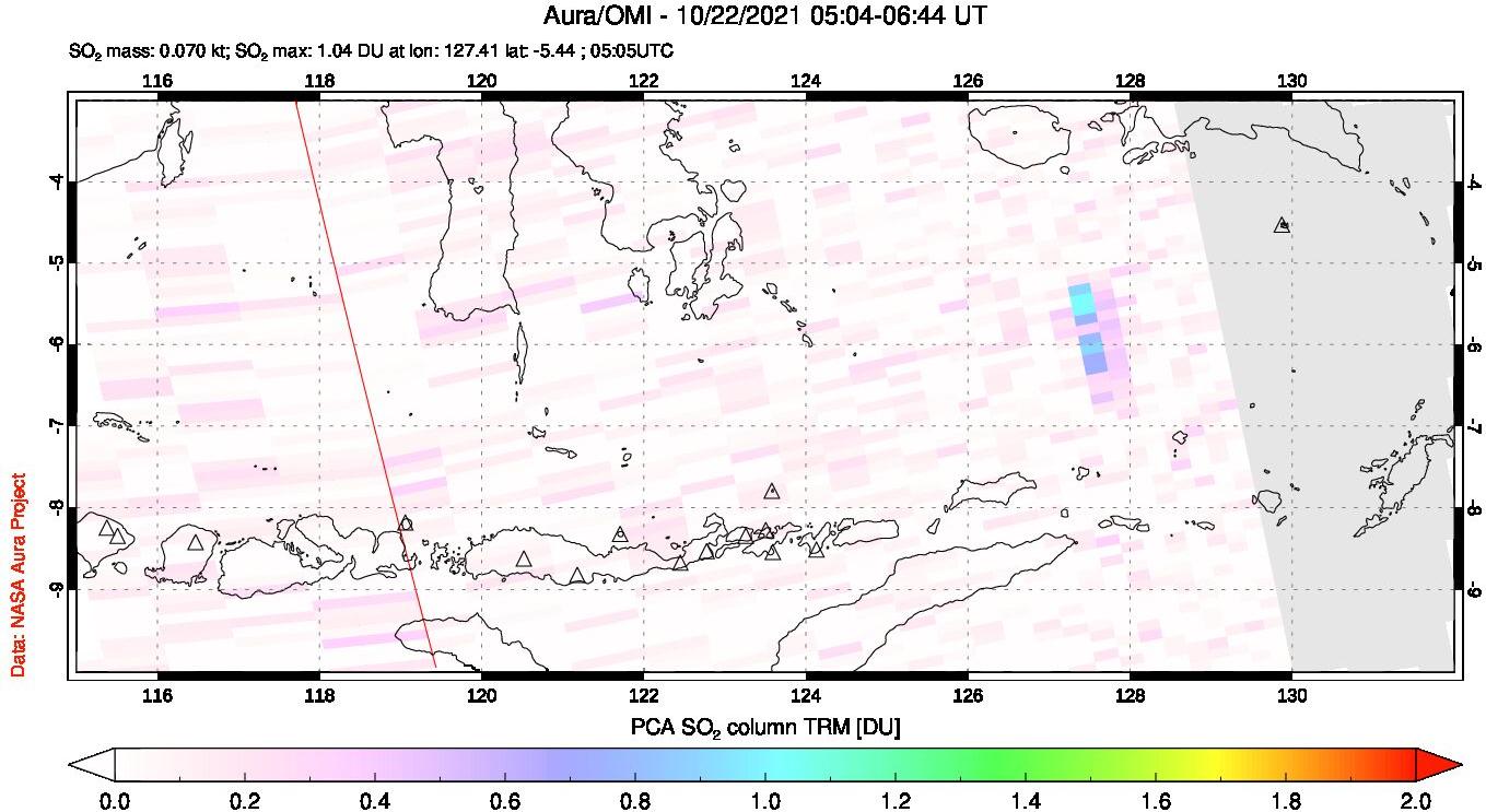 A sulfur dioxide image over Lesser Sunda Islands, Indonesia on Oct 22, 2021.