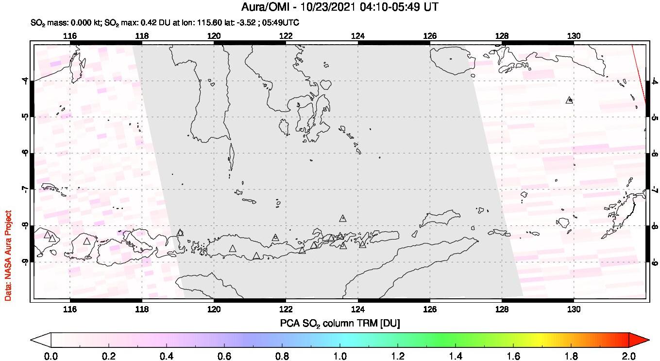 A sulfur dioxide image over Lesser Sunda Islands, Indonesia on Oct 23, 2021.