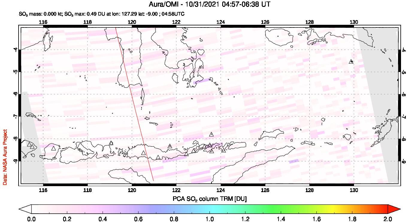 A sulfur dioxide image over Lesser Sunda Islands, Indonesia on Oct 31, 2021.