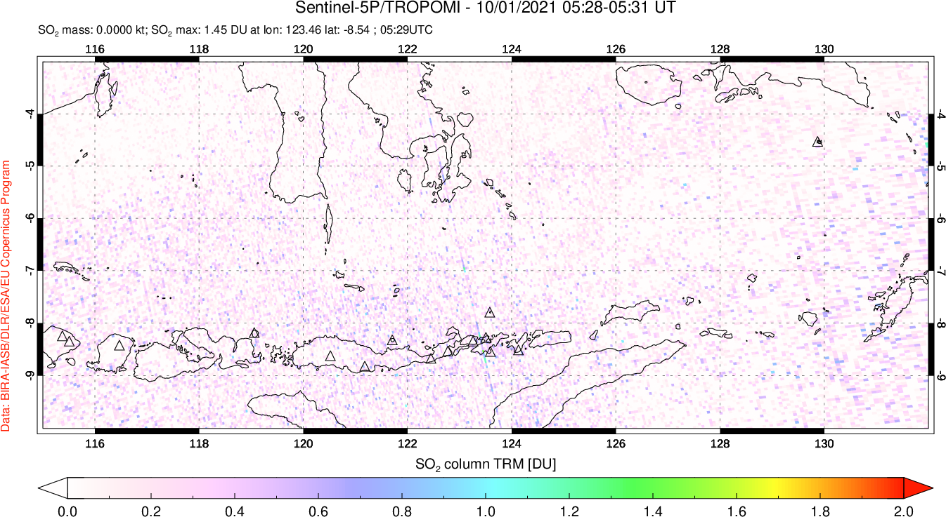 A sulfur dioxide image over Lesser Sunda Islands, Indonesia on Oct 01, 2021.