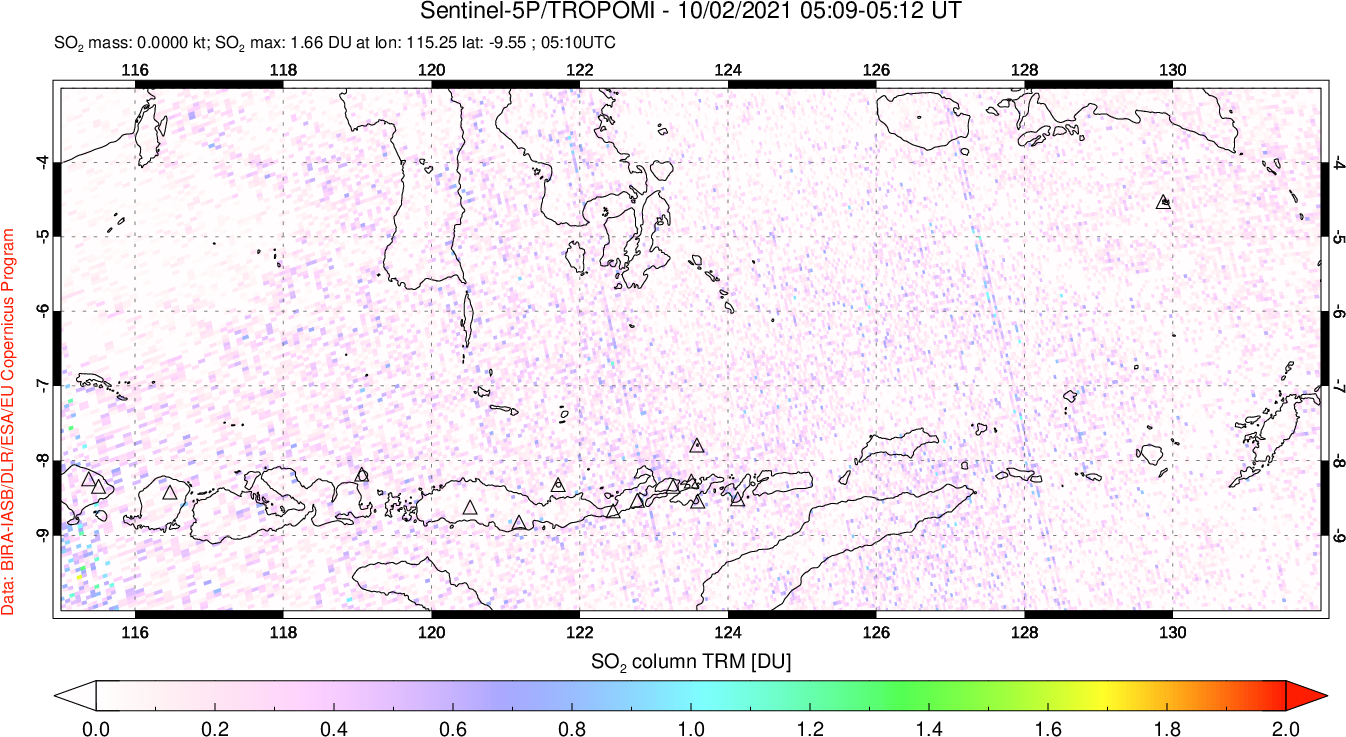 A sulfur dioxide image over Lesser Sunda Islands, Indonesia on Oct 02, 2021.