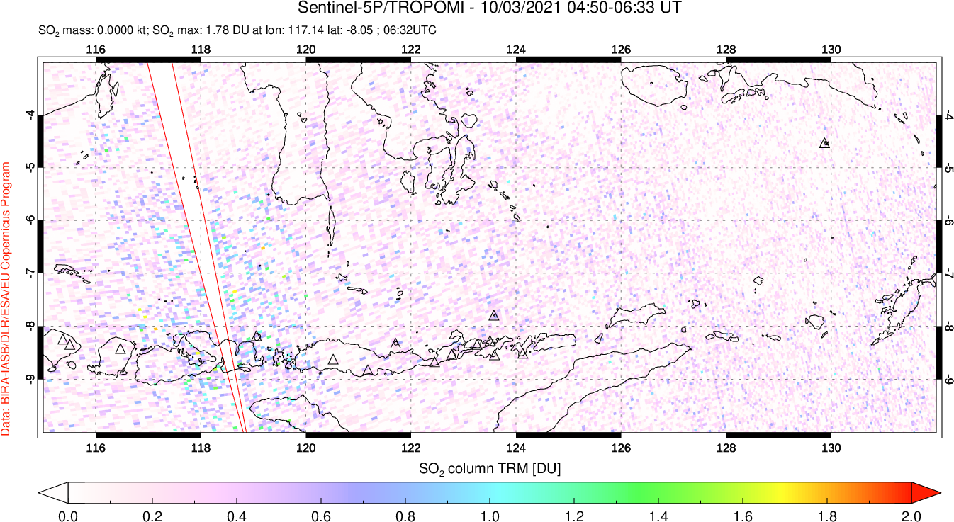 A sulfur dioxide image over Lesser Sunda Islands, Indonesia on Oct 03, 2021.