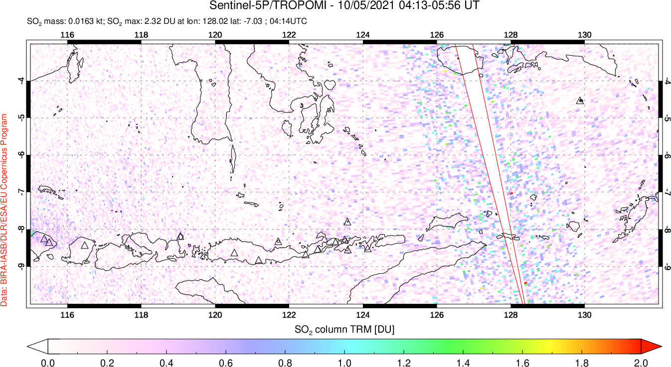 A sulfur dioxide image over Lesser Sunda Islands, Indonesia on Oct 05, 2021.
