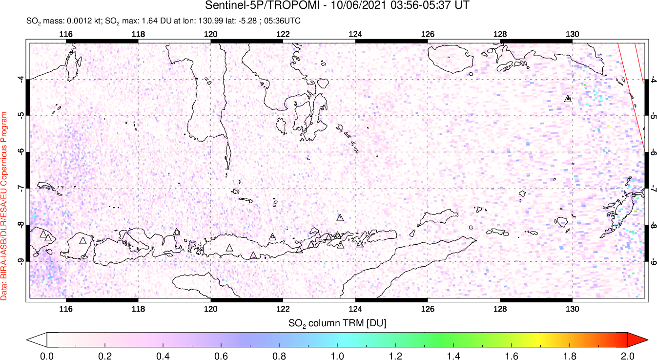 A sulfur dioxide image over Lesser Sunda Islands, Indonesia on Oct 06, 2021.