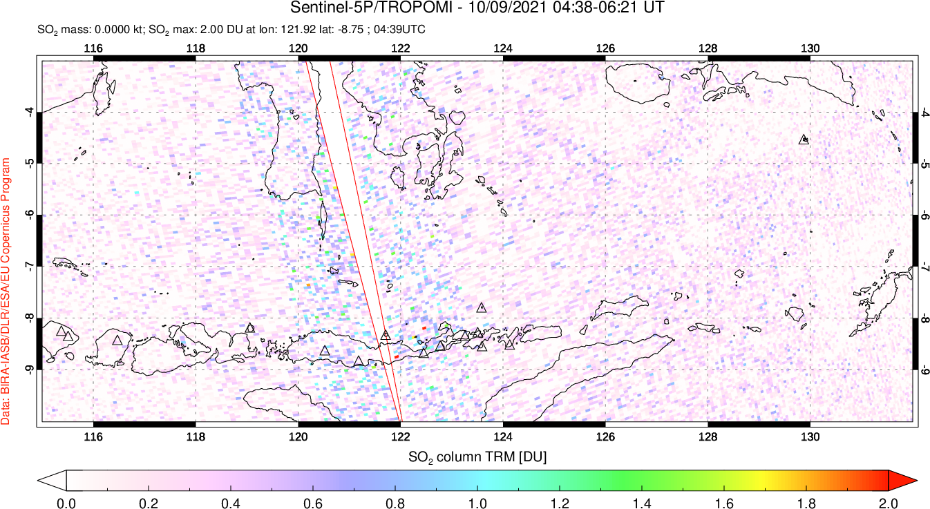 A sulfur dioxide image over Lesser Sunda Islands, Indonesia on Oct 09, 2021.