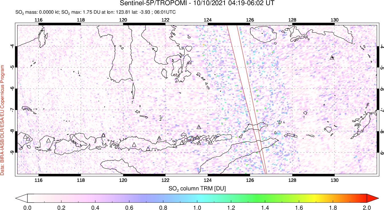A sulfur dioxide image over Lesser Sunda Islands, Indonesia on Oct 10, 2021.