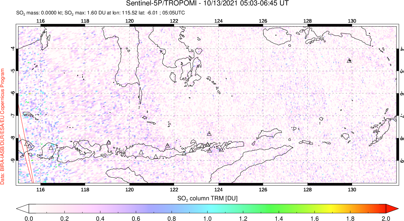 A sulfur dioxide image over Lesser Sunda Islands, Indonesia on Oct 13, 2021.