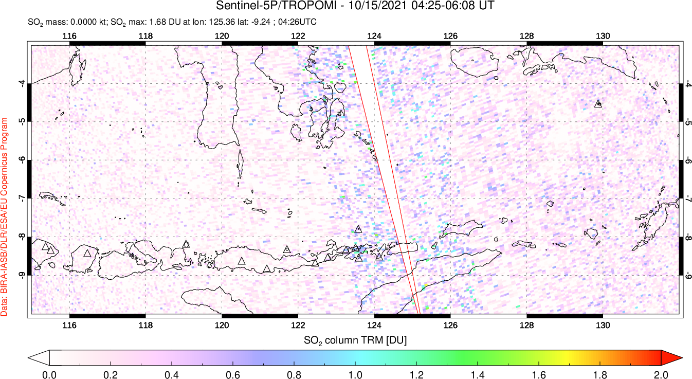 A sulfur dioxide image over Lesser Sunda Islands, Indonesia on Oct 15, 2021.