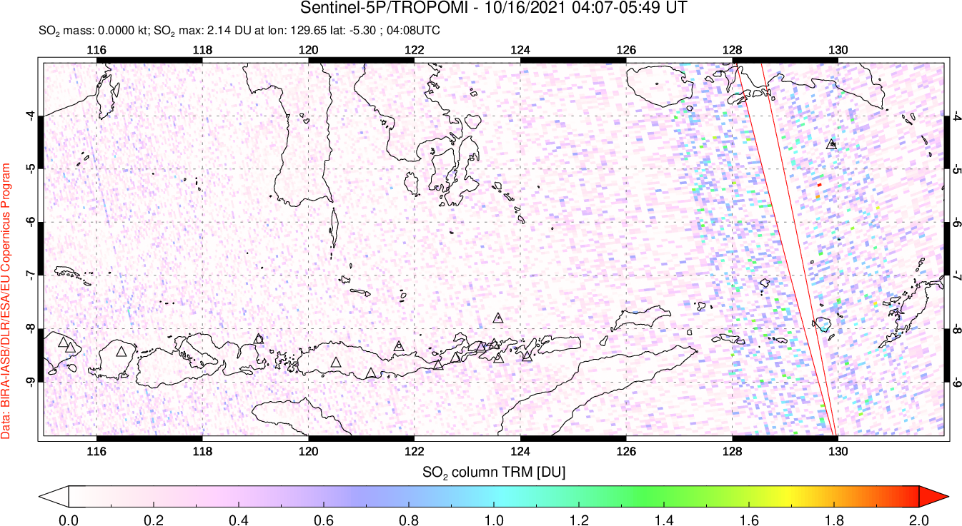 A sulfur dioxide image over Lesser Sunda Islands, Indonesia on Oct 16, 2021.