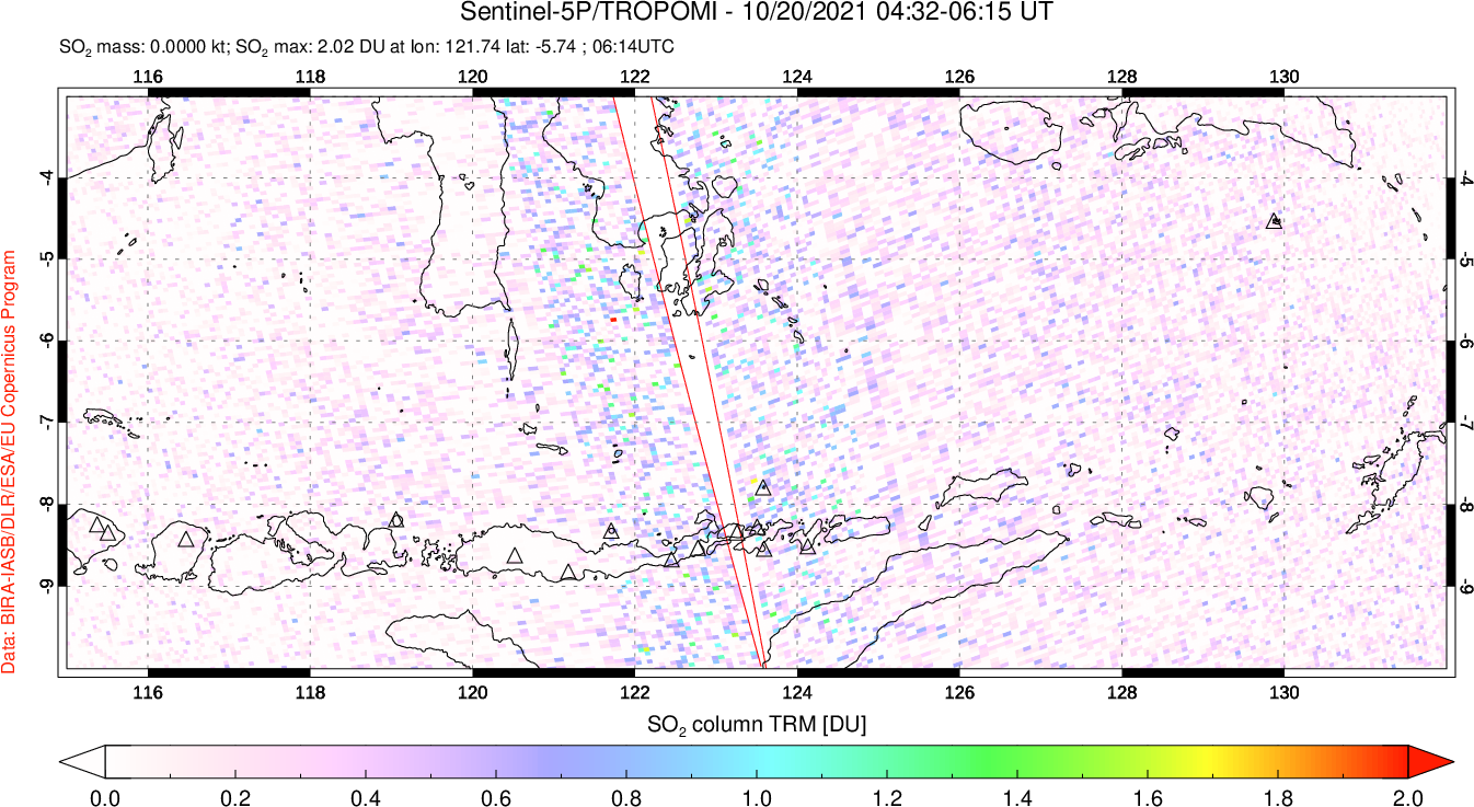 A sulfur dioxide image over Lesser Sunda Islands, Indonesia on Oct 20, 2021.